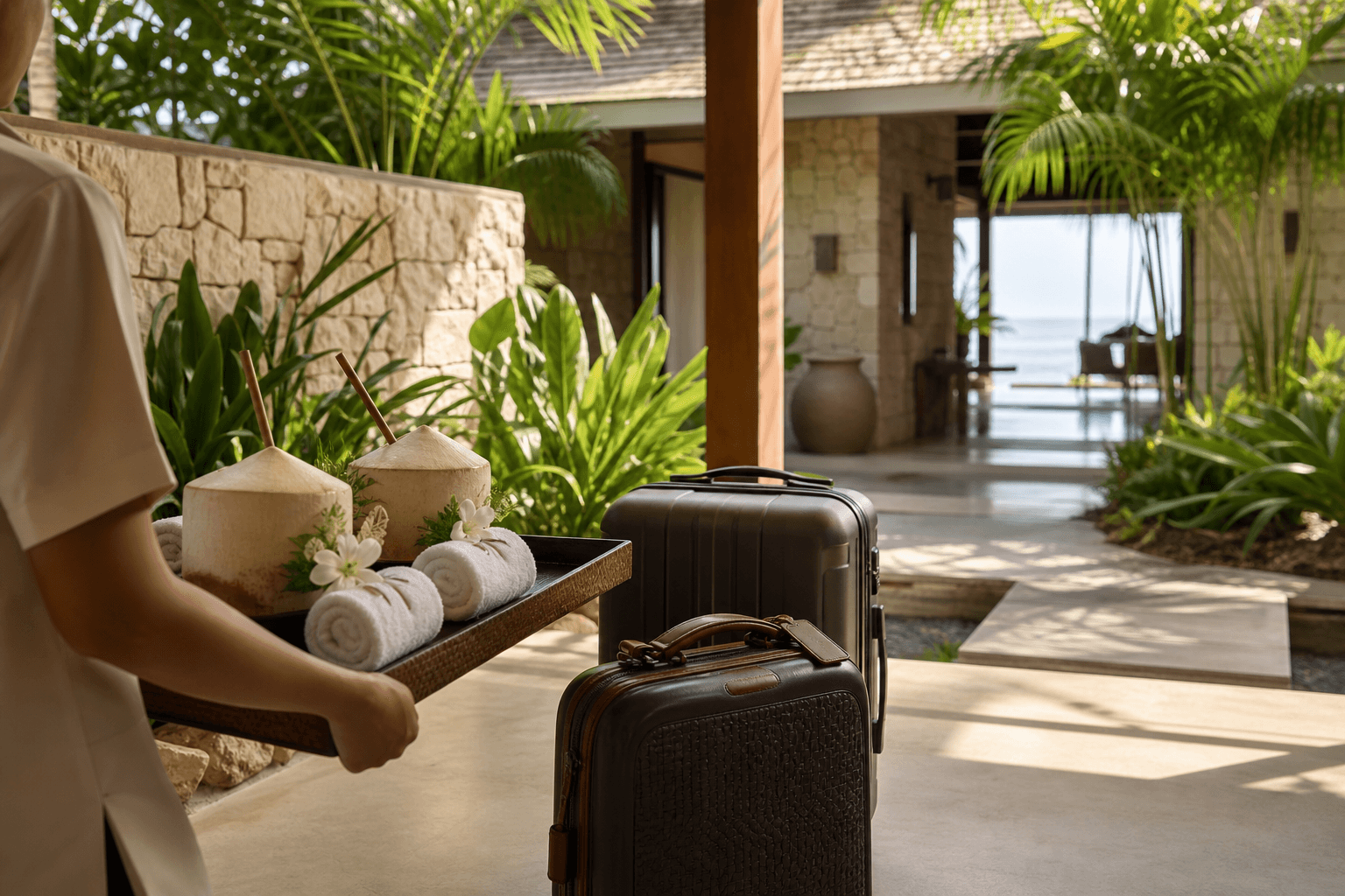 Luxury villa arrival with luggage, fresh coconuts, cool towels, and tropical garden entry.