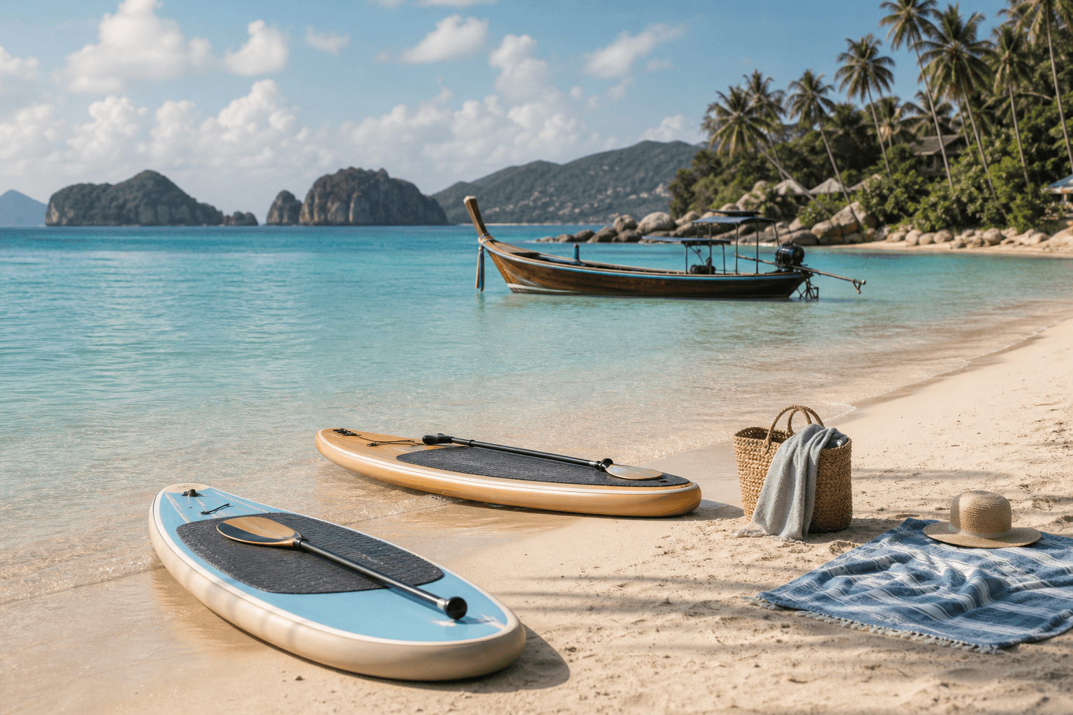 Calm Koh Samui beach with paddleboards, a traditional longtail boat, turquoise water, and tropical palms.