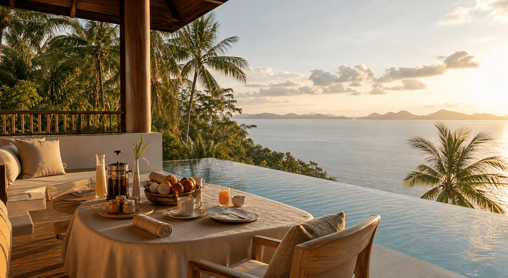 Luxury Koh Samui villa terrace with an infinity pool, tropical palms, breakfast, and ocean views at golden hour.