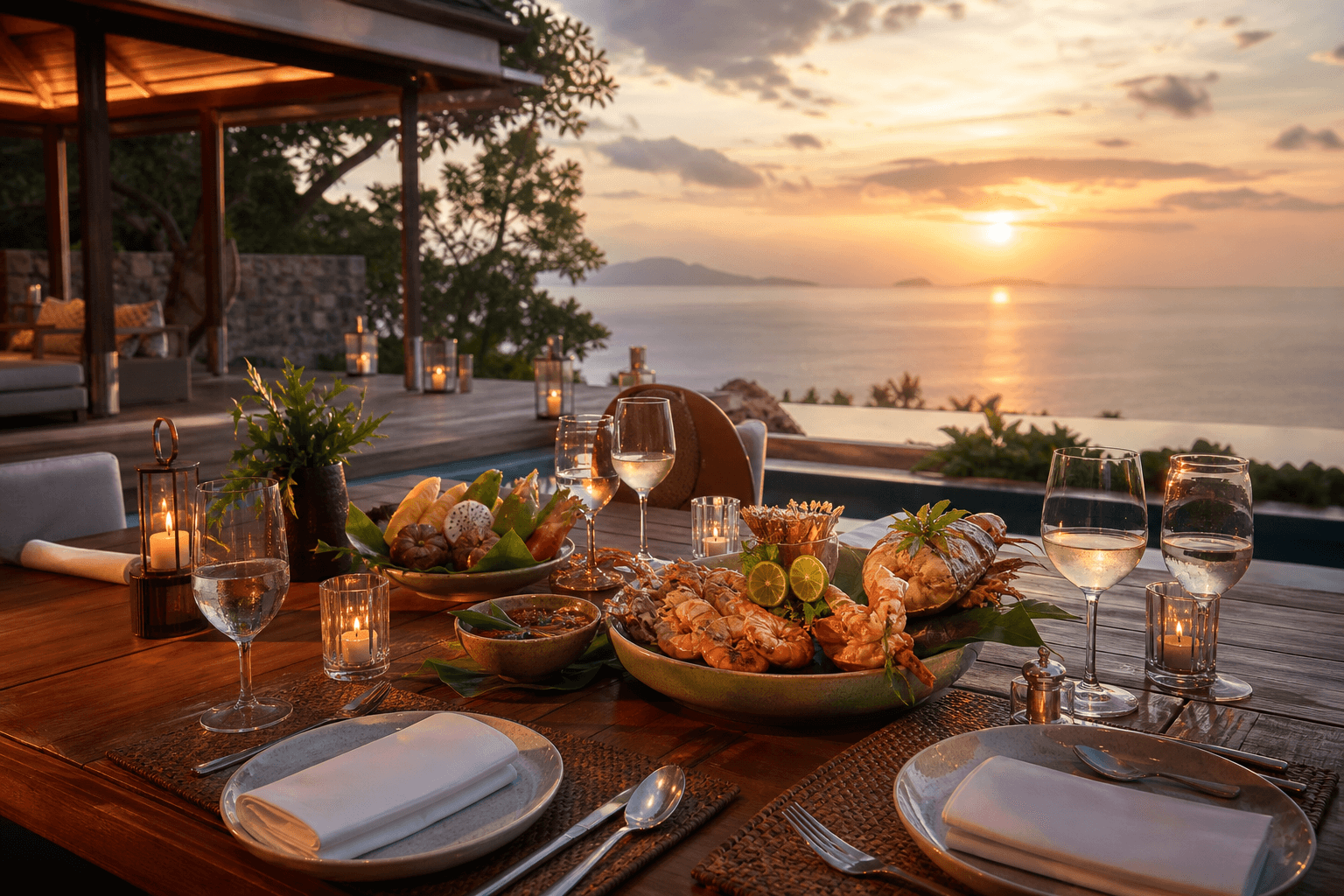 Private villa terrace dinner with Thai seafood, tropical fruit, candlelight, and sunset ocean views.