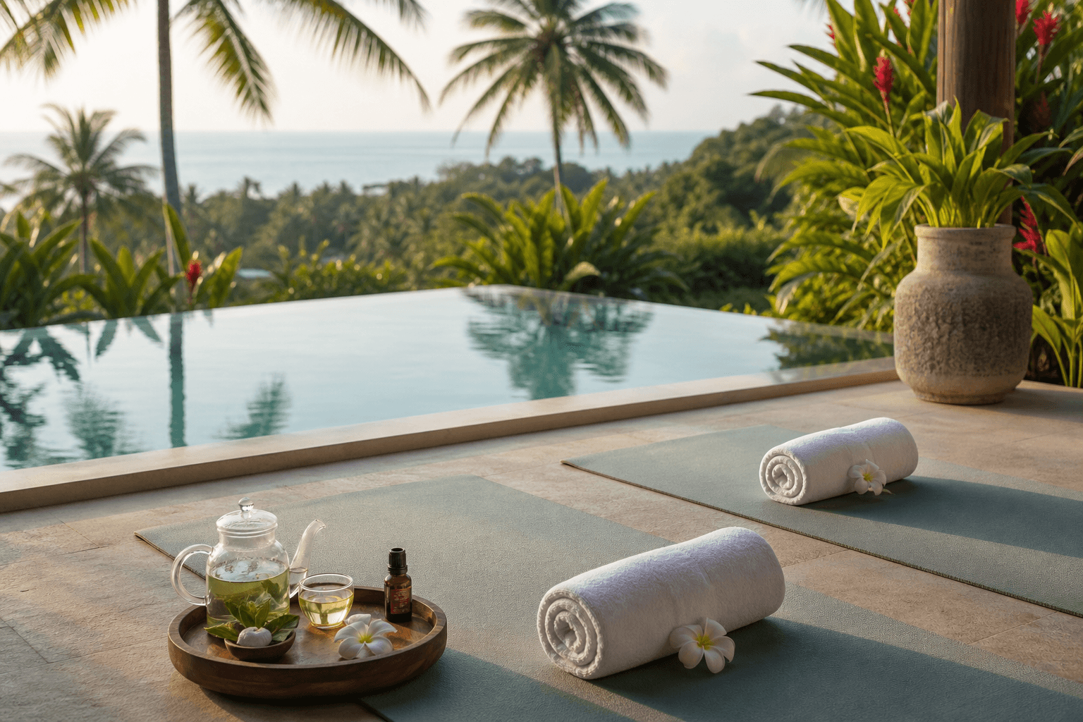 Morning yoga mats, spa towels, herbal tea, tropical greenery, and an infinity pool at a Koh Samui villa.